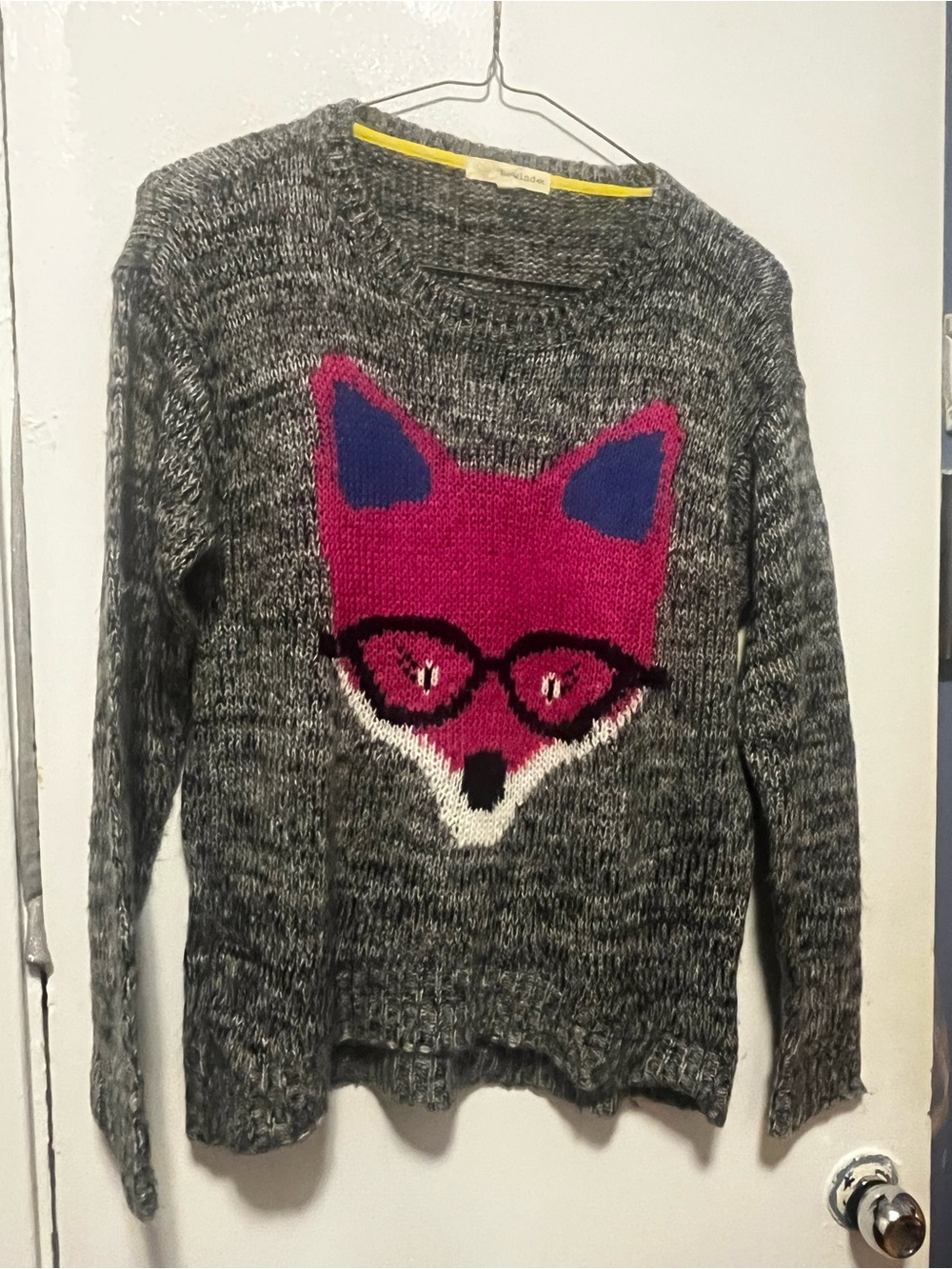 Rewind Gray Knit Sweater with Pink Fox Motif